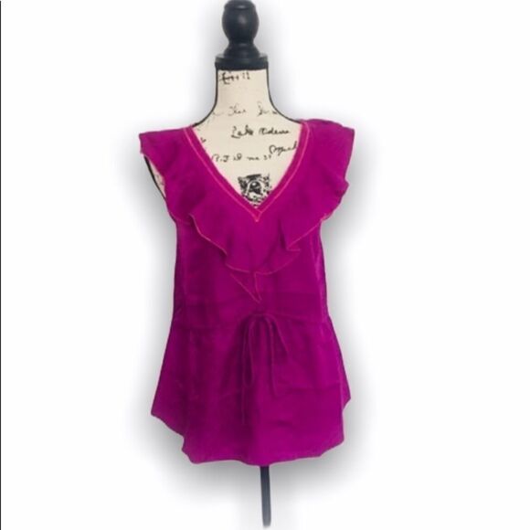 Rebecca Taylor 100% Silk Purple Sleeveless Ruffle Blouse Drawstring Waist Size 4 - Picture 3 of 4